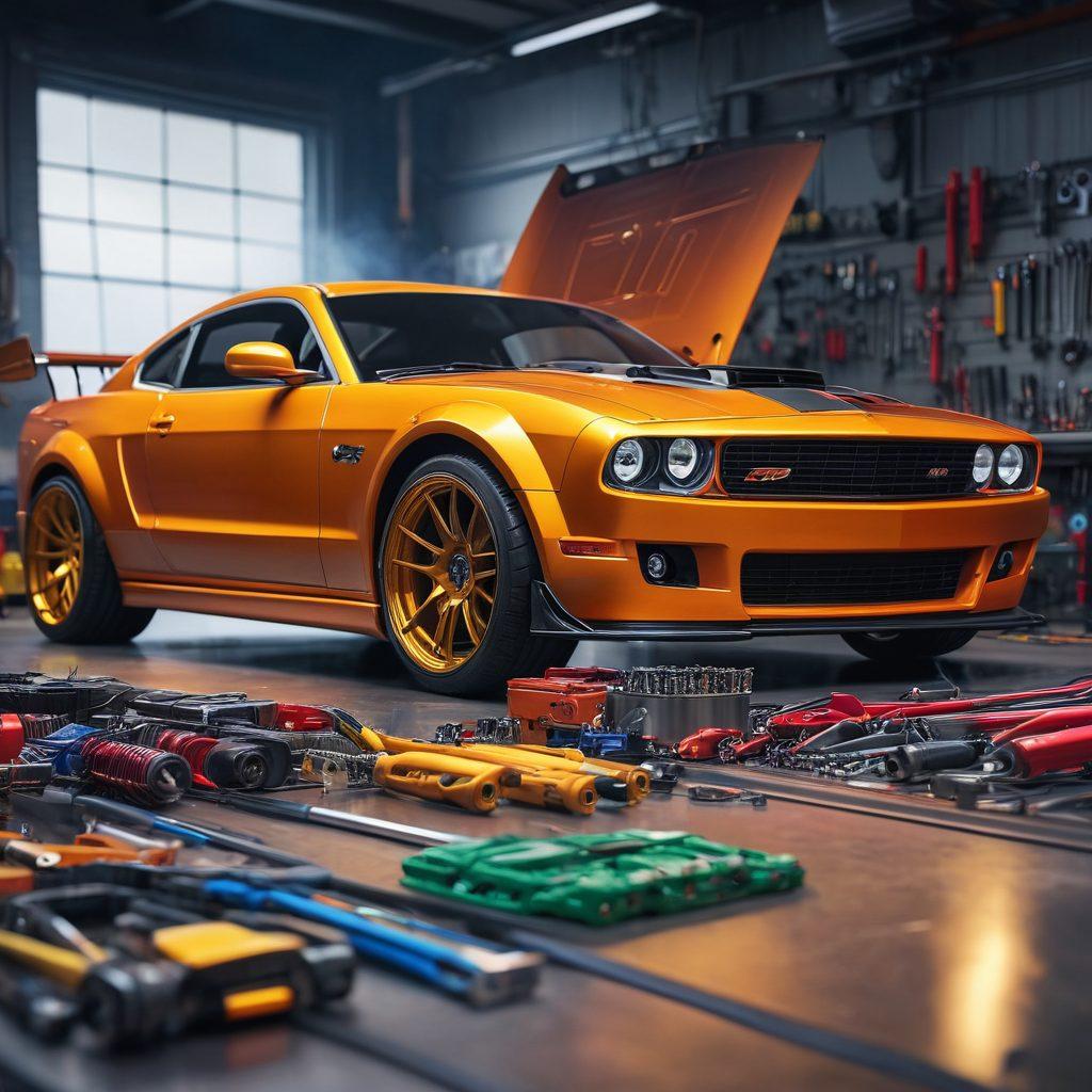 A dynamic scene showcasing a customized high-performance car in a workshop setting, with vibrant colors highlighting the engine tuning process. Include detailed tools and gadgets surrounding the car, symbolizing precision and passion in automotive tuning. Show sparks flying as a mechanic works intently, evoking a sense of excitement and technical mastery. super-realistic. vibrant colors. detailed background.
