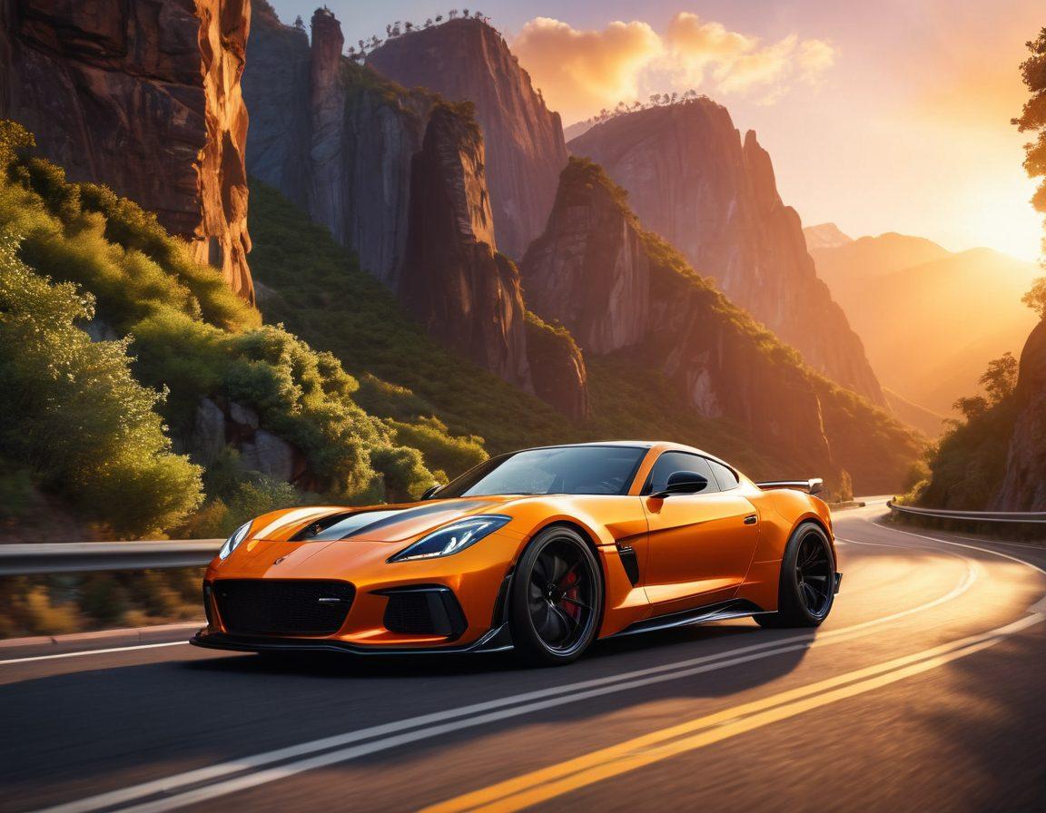 A dynamic scene of a custom-tuned sports car speeding along a winding mountain road, surrounded by lush greenery and dramatic cliffs. The car features an eye-catching design with vibrant colors and intricate details showcasing its tuning modifications. In the background, a sunset casts a warm glow over the landscape, highlighting the thrill of performance and adventure. Include a silhouette of a car enthusiast in the foreground, admiring the vehicle. super-realistic. vibrant colors. cinematic.