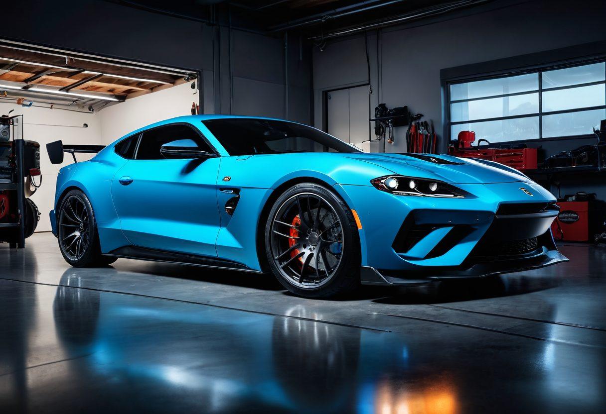 A dynamic scene showcasing a high-performance car being tuned in a modern garage, with glowing graphics illustrating horsepower and torque metrics overlayed on the vehicle. Tools and tuning equipment scattered around, complemented by a digital dashboard displaying personalized performance settings. Emphasize a sense of speed and power emanating from the car. super-realistic. vibrant colors. sleek modern design.